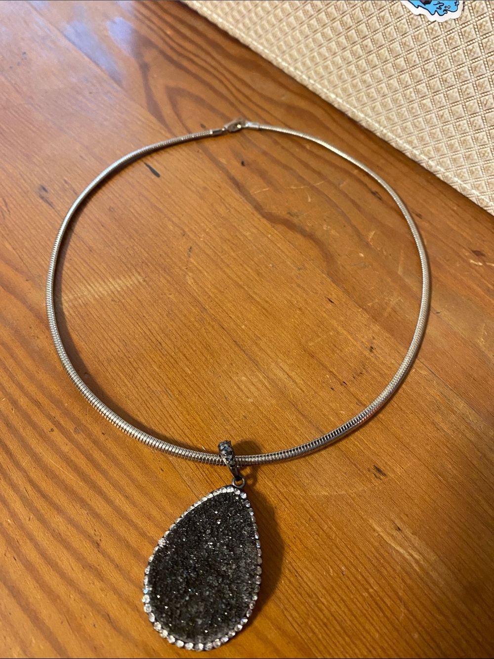 Beautiful Silver Necklace with Black Druzy/Reversible Teardrop Pendant
